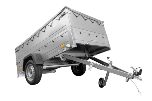GRANDE REMORQUE 230X125 AVEC BÂCHE PLATE GRISE, REHAUSSES DE RIDELLES ET ROUE JOCKEY - GARDEN TRAILER 230 KIPP