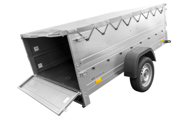 GRANDE REMORQUE 230X125 AVEC BÂCHE PLATE GRISE, REHAUSSES DE RIDELLES ET ROUE JOCKEY - GARDEN TRAILER 230 KIPP – Image 4
