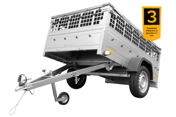REMORQUE VOITURE UTILITAIRE 200X125 AVEC BÂCHE PLATE, RIDELLES GRILLAGÉES ET ROUE JOCKEY - GARDEN TRAILER 201 KIPP